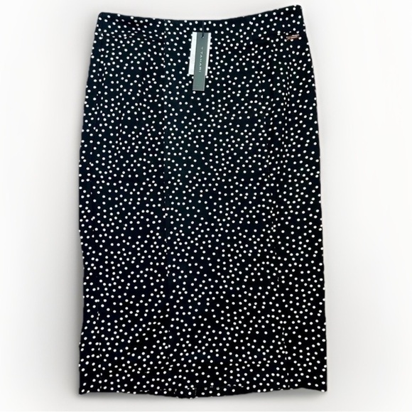 T TAHARI Midi Pencil Skirt Size M Black White Polka Dot Slit Leg Tummy Control - Picture 1 of 11